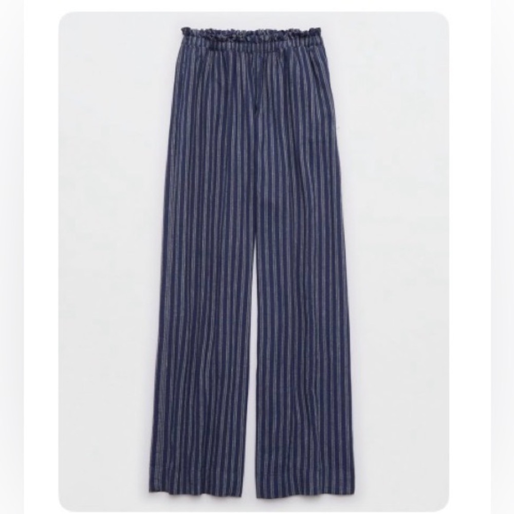 Aerie Navy Blue Pinstripe LinenWide Leg Pants